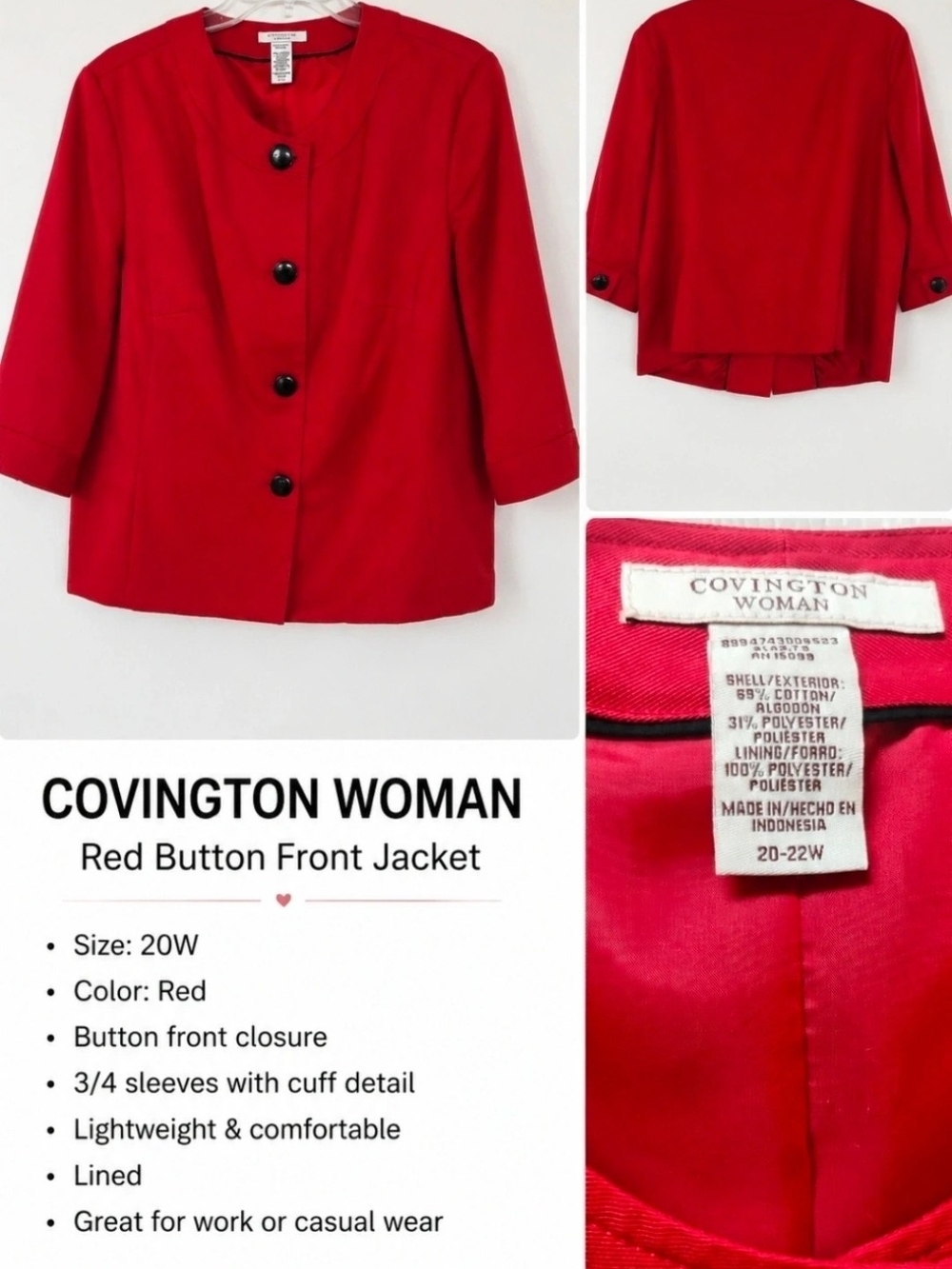 Covington Red Collarless Button-Front Jacket